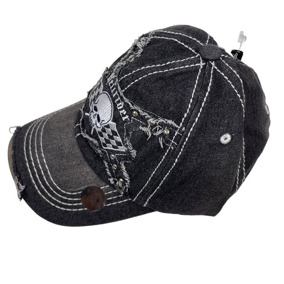 Aslan Black Distressed Embroidered “Hellrider” Scull Adjustable Baseball Hat - Picture 4 of 10